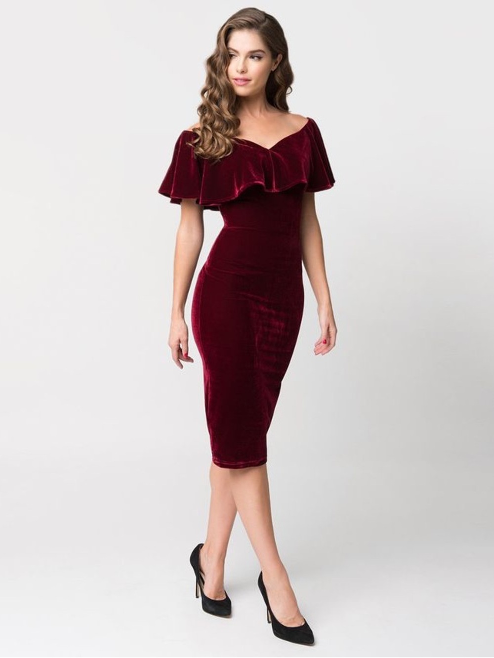 Burgundy Velvet Off Shoulder Wiggle Dress Size M – Vintage 50s Glam